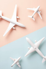 Poster - Model planes and airplanes are arranged against soft pastel colored backgrounds in a flat lay design composition._00003_