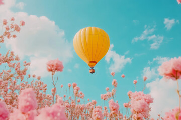  Bright yellow hot air balloon soaring above pink flowers under a clear blue sky in a scenic landscape