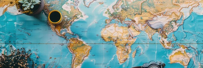 Poster - Travel photos arranged on a world map backdrop with vibrant colors and open space for creative ideas. Generative AI