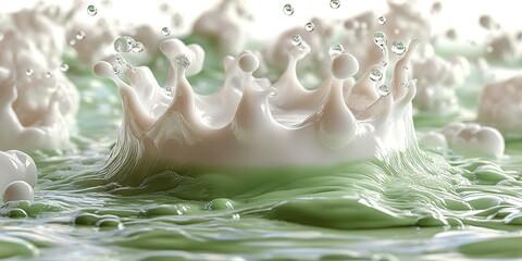 Poster - Dynamic splash of creamy liquid creates crown shape in green background during artistic experimentation