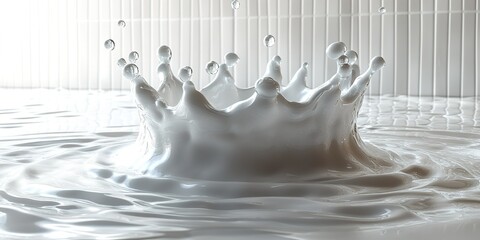 Poster - Crown splash created by a droplet falling into still liquid in a bright setting