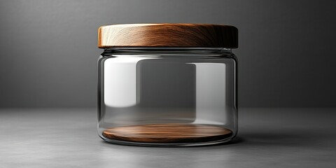 Poster - Clear glass jar with a wooden lid placed on a smooth surface in a minimalist setting