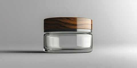 Poster - Elegant glass jar with wooden lid placed on a minimalist surface in soft lighting