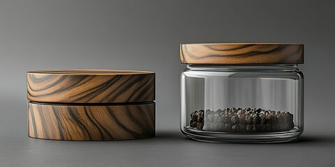 Poster - Stylish wooden lid jar and container set on a smooth surface showcasing modern design and elegant craftsmanship