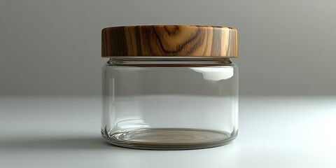 Poster - Elegant glass jar with wooden lid placed on a white surface, showcasing its minimalist design and clear structure