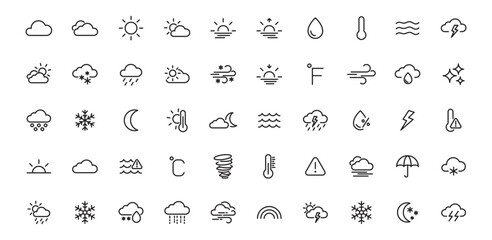 weather icons. weather forecast icon set line icons climate collection. clouds, sunny day, moon, sno