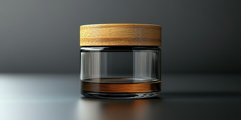 Poster - Clear glass container with wooden lid placed on a dark surface in a minimalist setting