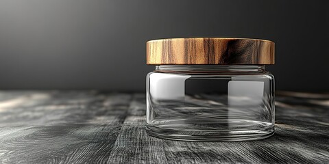 Poster - Clear glass jar with wooden lid on rustic wooden surface against dark background