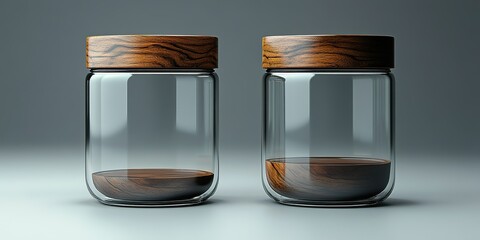 Poster - Stylish glass jars with wooden lids showcasing modern design for storage and decor in a minimalist setting