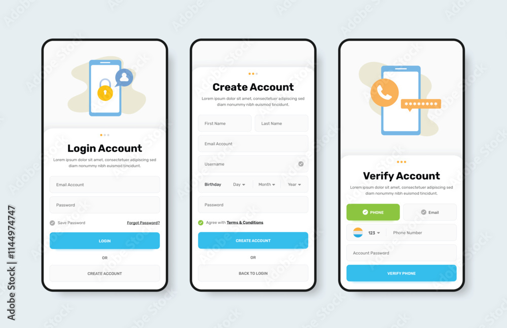 Registration Menu Gui Modern professional account registration app interface form with ...