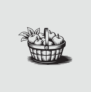 Vintage Hand-Drawn Vector Sketch Of An Apple Basket Black Illustration Isolated On A White Background.