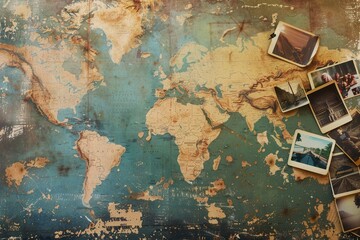Aufkleber - Travel photos displayed on a world map background with empty space for text or customization. Generative AI