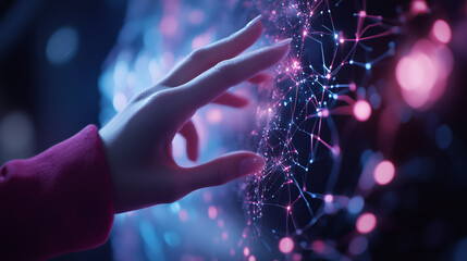 Poster - Exploring digital connections through a hand reaching towards glowing nodes in a futuristic interface