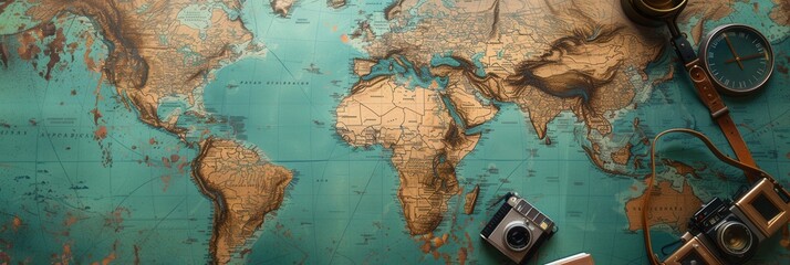 Leinwandbilder - Travel memories displayed on a world map background with copy space for personalized messages and inspiration. Generative AI