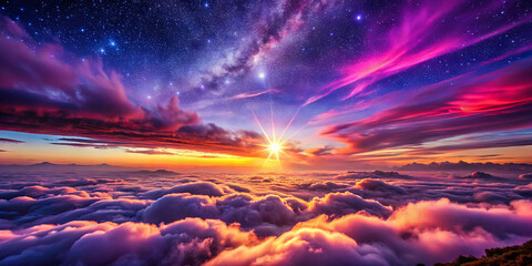 Wall Mural - The horizon is aglow with a stunning sunset, casting vibrant colors across the sky. Clouds are softly illuminated while stars begin to twinkle, creating a breathtaking atmosphere