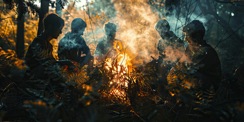 Wall Mural - Young Adults Around Campfire in Forest at Night