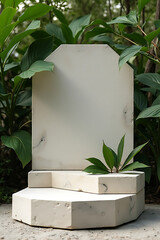 Aufkleber - Geometric stone podium with natural leaves and organic elements creates a minimalist backdrop for product presentation in an outdoor setting._00003_