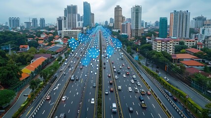 Poster - A busy highway scene with digital overlays representing data flow and connectivity.