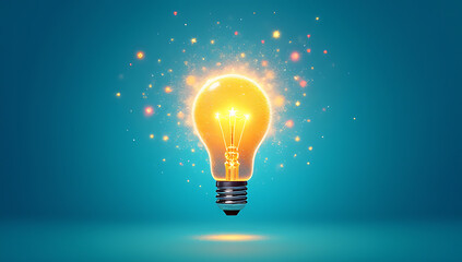 Poster - Fresh innovative ideas burst forth with colorful sparks of creativity on a bright blue background like a shining rocket lightbulb._00001_