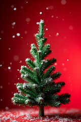 Aufkleber - Fir tree Christmas ornament features pine branch snow and red background suitable for winter holiday decorations including New Year celebrations._00001_