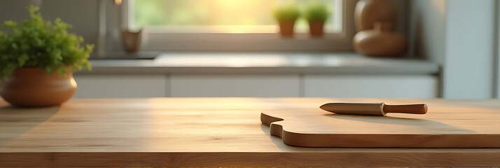 Poster - End grain wood counter top with cutting board on it has a blurred kitchen background in the morning light._00002_