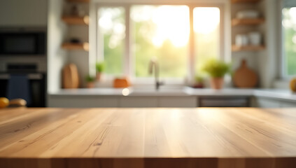 Poster - End grain wood counter top features a blurred kitchen in the soft morning light through a nearby window background._00002_