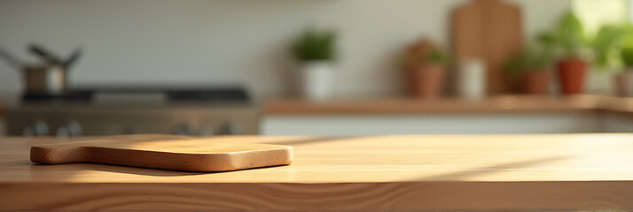 Poster - End grain wood counter top with cutting board on it has a blurred kitchen background in the morning light._00001_