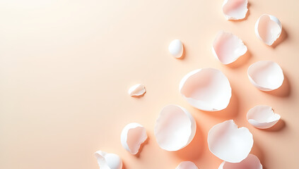 Poster - Eggshell fragments scatter across delicate pastel hues creating a soft and whimsical atmosphere in each image displayed._00003_