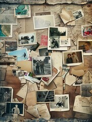 Fototapete - Unique collage featuring vintage photographs and assorted memories on a rustic backdrop with ample copy space for customization. Generative AI