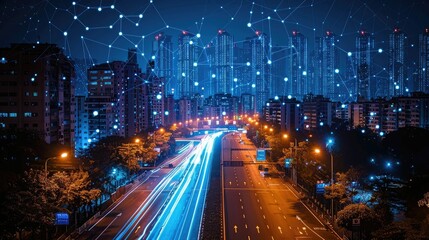 Poster - A cityscape at night with illuminated roads and a digital network overlay.