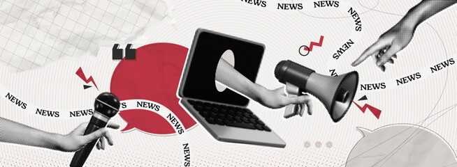 Trendy Halftone Collage with Megaphone, Laptop and Hands. Social media news and propaganda. Loudspeaker and microphone. Pop art design. Journalism and interview. Contemporary vector illustration art