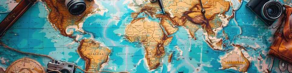 Leinwandbilder - Travel memories showcased on a vintage world map with copy space for travel inspiration. Generative AI