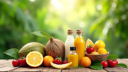 Aufkleber - Display of summer and nature products on a wooden table with a blurred coconut leaf background and fresh tropical garden elements._00002_