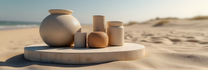 Aufkleber - Display of sandstone products on a podium stand against a sandy beach background for selective focus._00003_