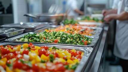 Wall Mural - Chefs preparing colorful vegetable dishes in a professional kitchen