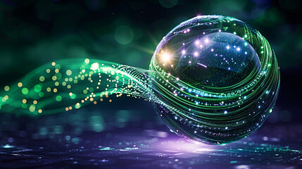 Sphere of binary code with waves of data background