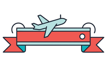 Poster - Vector illustration of an airplane over a colorful banner design featuring playful geometric elements and bold colors