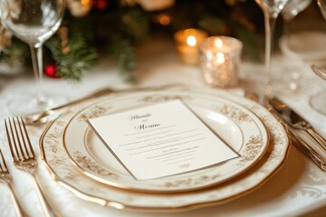 Wall Mural - Elegant christmas menu resting on festive table setting