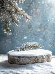 Poster - Snowy rock podium with pine tree branch during snowfall at night