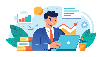 Poster - Business professional using laptop in modern workspace with charts and plants for productivity and creativity enhancement