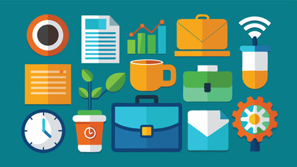 Poster - Colorful vector illustration of office elements and tools representing productivity and work environment in a modern setting