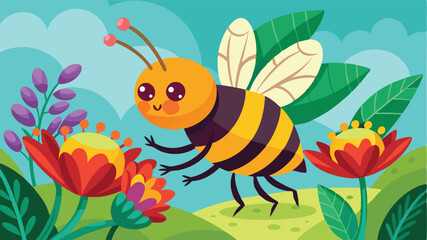 Poster - Colorful vector illustration of a cheerful bee interacting with vibrant flowers in a lush landscape during a sunny day