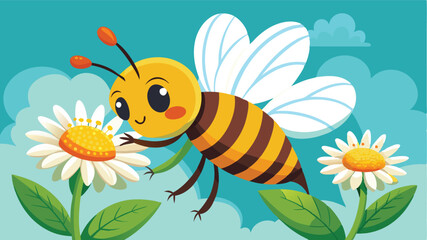 Poster - Colorful vector illustration of a cheerful bee interacting with vibrant flowers in a lush landscape during a sunny day
