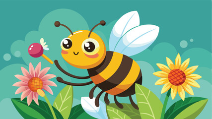 Poster - Colorful vector illustration of a cheerful bee interacting with vibrant flowers in a lush landscape during a sunny day