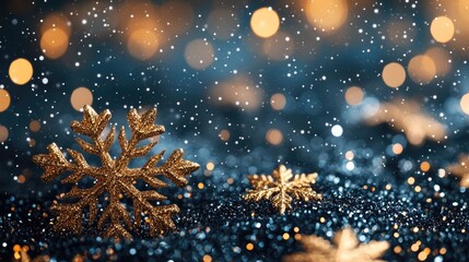 Poster - Golden christmas snowflakes falling on glitter background with bokeh effect
