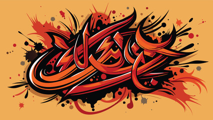 Poster - Colorful vector artwork featuring intricate calligraphy with dynamic splashes of orange and black on a vibrant background