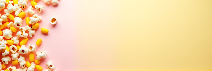 Aufkleber - Colorful kernels of corn and fluffy popcorn on a soft pastel colored background in a cheerful design._00003_