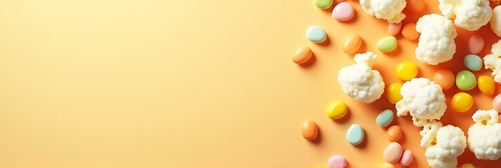 Aufkleber - Colorful kernels of corn and fluffy popcorn on a soft pastel colored background in a cheerful design._00002_
