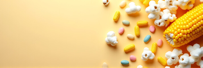Aufkleber - Colorful kernels of corn and fluffy popcorn on a soft pastel colored background in a cheerful design._00001_