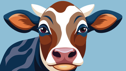 Poster - Brown and white cow illustration with bright blue background, showcasing animal features and cheerful expression in a vector style art